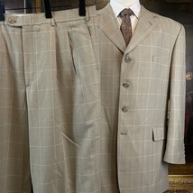 Vanetti 44L 38 x 32 2 Piece Beige Windowpane 4 Button Suit Pleated Cuffed Pants - $84.99