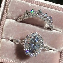 2 Ct Oval Moissanite Halo Bridal Wedding Set Ring 14K White Gold Plated ... - $205.69