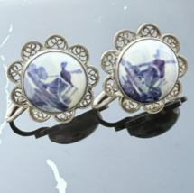 925 STERLING SILVER HANDPAINTED DELFT DUTCH BLUE WINDMILL PORCELAIN EARR... - $523.39 MXN