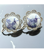 925 STERLING SILVER HANDPAINTED DELFT DUTCH BLUE WINDMILL PORCELAIN EARR... - $40.29 CAD
