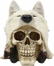 Skull with White Wolf Statue Collectible Home Decor Resin 6.25&quot;H - £20.77 GBP