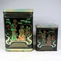 Chinoiserie Tole Tin Set of 2 Decorated Black Hinged Lid Box Vintage Eng... - £27.30 GBP