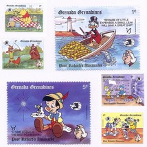 Vintage Grenada Disney Stamps Lot Child&#39;s Scrapbook Unused Pinocchio Winnie Pooh - £6.25 GBP