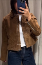 ZARA BNWT 2025. WHISKY BROWN LEATHER SHORT JACKET BIKER ZIP. 8073/255/776 - $189.49