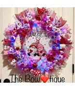 XL Handmade Valentine’s Gnome Hearts Ribbon Prelit Wreath 26 ins LED - £79.83 GBP