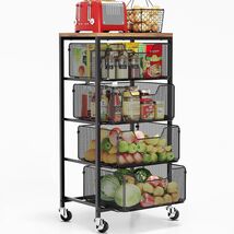 Elegant Black 4-Tier Kitchen Cart with Wooden Top - Versatile Storage Or... - $116.77