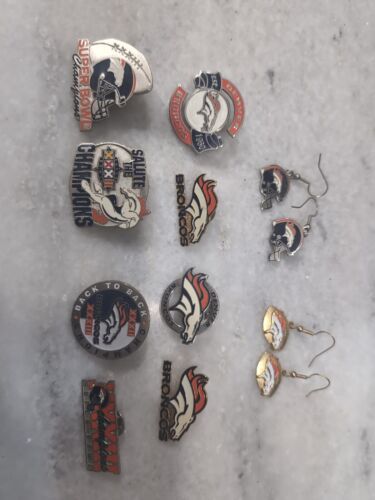 Eight Denver Bronco Label Pins & Two Sets Of Earrings- Super Bowl Champs Retro - $49.50