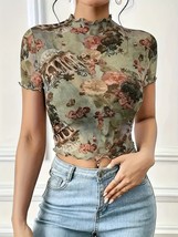 Elegant Floral Print Mesh Top W/ Lettuce Trim - Breathable Polyester Ble... - $13.76