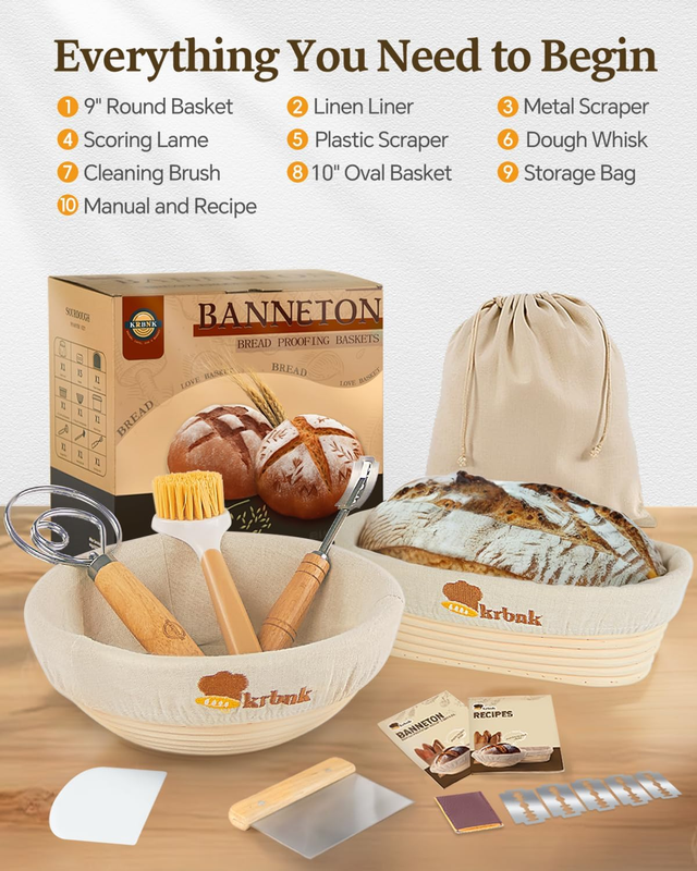 Banneton Bread Proofing Basket Set, Sourdough Starter Kit, 9" round & 10" Oval B Item image 4