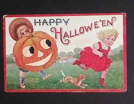 Happy Halloween Jack O&#39; Lantern Children Intl Pub Co Embossed UNP Postcard 1908 - £39.53 GBP