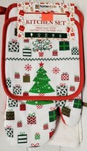 5 Pc Kitchen Set: 2 Pot Holders 1 Oven Mitt &amp; 2 Towels Christmas Tree &amp; Gifts Hs - £23.96 GBP