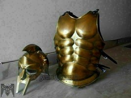 Medieval Muscle Armor &amp; Gladiator Movie Helmet Muscle Jacket Brass Finish - $244.79