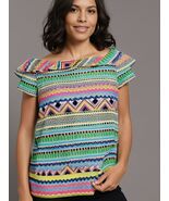 Women Top Geometric Print Cotton Short Sleeve Blouse Size S Paradise Pink - €18,57 EUR