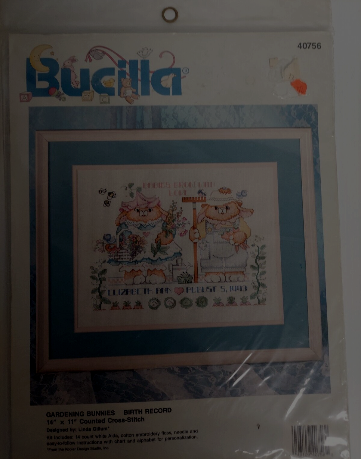 Primary image for Bucilla Gardening Bunnies Birth Record Cross Stitch Kit Baby Gift Stamped NOS