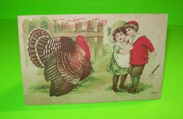 Thanksgiving Day Postcard Vintage Series 4804 Girl &amp; Boy Drops Tomahawk Antique - £8.20 GBP