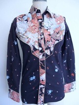 Vintage Tem Tex Western Womens Shirt XXS Snaps Black Pink Floral Yoke 34 Bust - £19.66 GBP