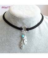 Black Brown Leather  Feather Shape Charm Choker Necklace - $6.95