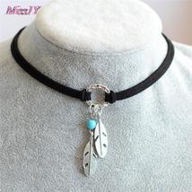 Black Brown Leather  Feather Shape Charm Choker Necklace - £5.55 GBP