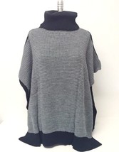 Color Block Waffle And Rib Knit Shawl With Turtleneck Gray Black Poncho Outwear  - £20.92 GBP