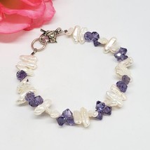 White Natural Baroque Petal Pearl Purple Faceted Crystal Beaded Bracelet - £23.94 GBP