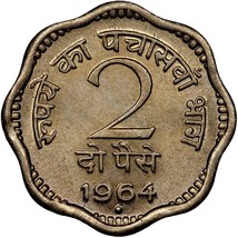 India 2 Paise, 1964(B) Gem Unc~Asoka Lion Pedestal~Scalloped - £3.61 GBP