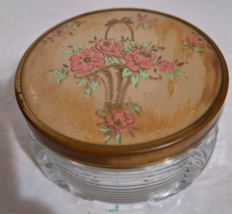 Vintage Vanity Footed Art Deco Ribbed  Glass Powder Jar  with Floral Metal Top - £16.40 GBP