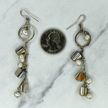 Silver Tone Faux Pearl Shell Dangle Earrings Pierced Pair - £5.53 GBP