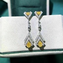 2.80Ct Pera Taglio Diamante Giallo Halo Goccia &amp; Orecchini Pendenti 14K White - £100.46 GBP