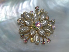 Vintage Cream Poured Glass &amp; Aurora Borealis Rhinestone Layered Goldtone FLOWER  - $18.59