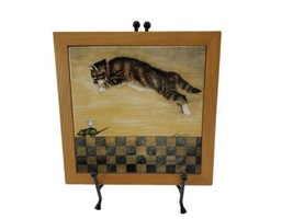 1987 Lowell Herrero Tabby Cat Pouncing On Toy Signed Tile Hanging Trivet... - $29.65