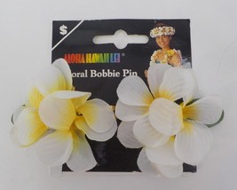 Aloha Hawaii Lei Gold Colored 2 Bobbie Pins W/ Faux White Plumeria Flowers Hair - £7.88 GBP