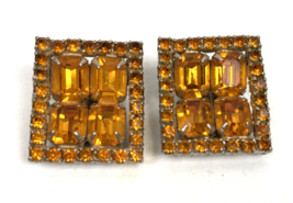 Vintage Rhinestone Square Clip On Earrings Amber Gold Silver 1960s Glam - $22.00