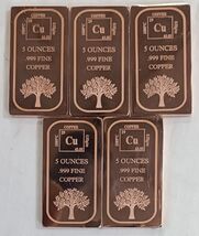 5 oz x 5 Pcs, Copper Bullion Bar .999 Fine, Pure Copper Polished Finish, - $94.05