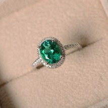2.30Ct Oval Simulated Emerald Engagement 14k White Gold Plated Silver Halo Ring - £93.95 GBP
