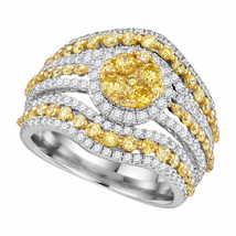 14kt White Gold Womens Round Yellow Diamond Stripe Cluster Ring 2 Cttw - £2,140.98 GBP