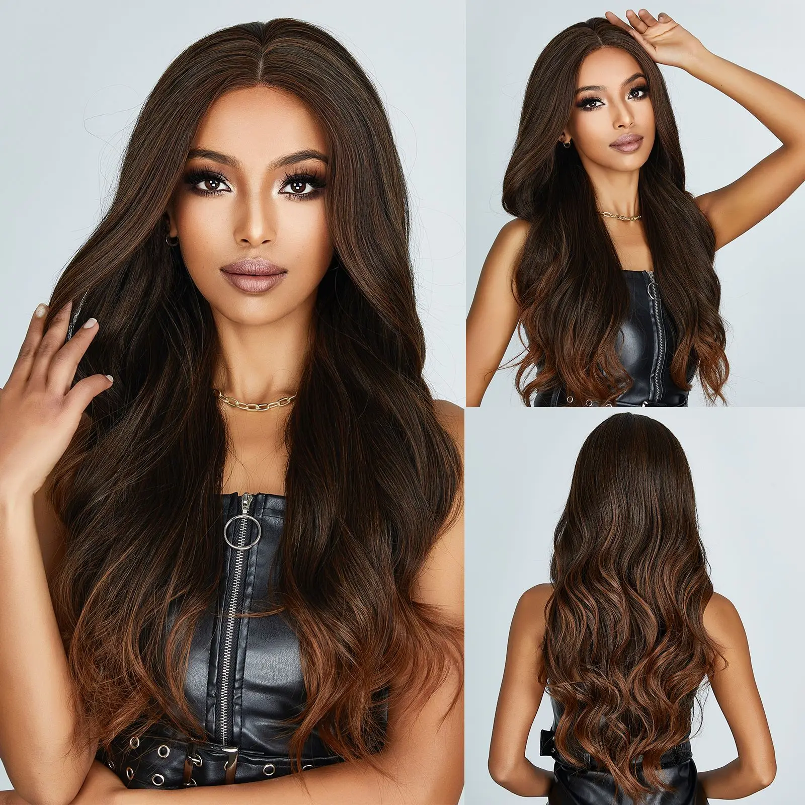 Ombre Brown Body Wave Wigs for Women Long Middle Part Silky Daily Wigs Hi - £15.73 GBP+