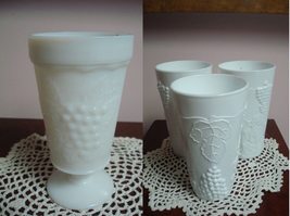 Indiana Colony Harvest Milk Glass 4 Paneled Tumblers / 3 footed cup/grapes 7PCS - £56.47 GBP