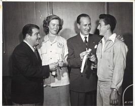 *Bud Abbott &amp; Lou Costello Present Key &amp; Ribbon To Teenagers 11x14 Photo c.1940s - £58.73 GBP