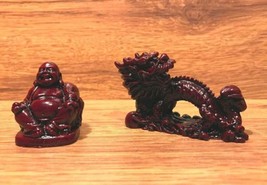 Vintage Miniature Red Resin Sitting Buddah and Dragon Figurines - £15.81 GBP
