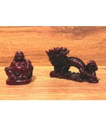 Vintage Miniature Red Resin Sitting Buddah and Dragon Figurines - £15.69 GBP