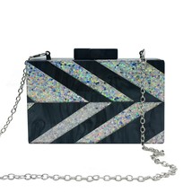 Trendy Acrylic Clutch Purse  Black Silver Glitter work Handbag Casual Party  Cro - £76.40 GBP