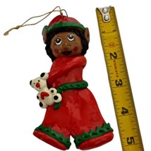 African American Elf Christmas Ornament Lainikins Vintage 90s Resin Holding Dog  - $14.84