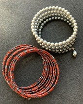 Coil Wrap Bracelets Lot of 2 Ombre Silver Gray and Red Black Seed Beads - £9.29 GBP