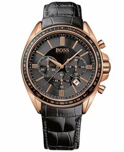 Hugo Boss HB1513092 Driver Mens’ Black Leather &amp; Rose Gold Chrono Watch ... - $115.50