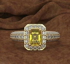 2Ct Emerald Cut Lab Created Yellow Citrine Engagement Ring 14K YellowGold Plated - £83.73 GBP