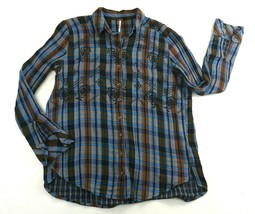 Free People Magical Blue Plaid Embroidered Cotton Button-Down Shirt Womens Small - £30.00 GBP