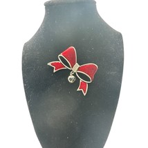 Signed AS Vintage 1990s Pewter Finish Enamel Crystal Bow Christmas Pin/B... - £25.09 GBP