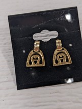 Vintage Etienne Aigner Earrings dangling Lucky Horseshoe Gold tone Charm Logo - £27.97 GBP