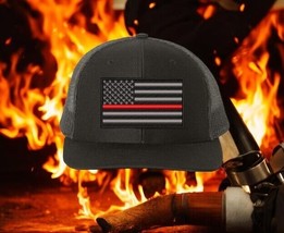 Firefighter Hat - Thin Red Line Flag Embroidered Richardson 112 Adjustable hat - $26.72