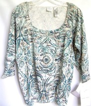 Emma James Knit Sweater Top Shirt Sllk Large 3/4 Sleeves Blues Gray NEW - $21.76